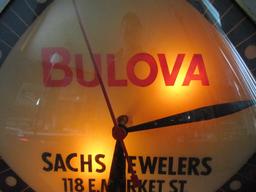 *SPECIAL ITEM-Bulova "Sach's Jewelers" Glass Faced, Metal Can, Lightup, Advertising Clock