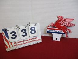 Mobil Oil America First Tin License Plate Topper-A