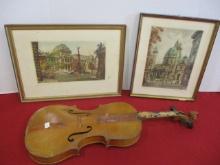 Pair of Etchings + Antique Violin