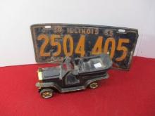 Cast Iron Car and 1955 Illinois License Plate