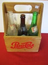 Pepsi-Cola Wooden Bottle Carrier w/ Vintage Bottles