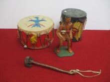 Pair of Tom-Tom Drums + Aurora Style Native American Figure