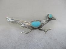 Sterling Silver Roadrunner Brooch with Turquoise