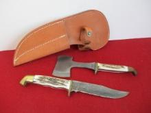 Marble's Gladstone-Damascus Stag/Brass Hatchet/Knife Combo w/ Sheathe