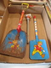 Pair of Tin Lithograph Play Shovels and Bonus Dice Cane Topper