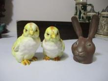 Pair of Glazed Ceramic Chick Figures + Resin Rabbit Head