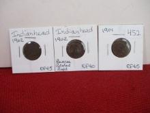 1901 & 1902 Indianhead Pennies-Lot of 3