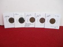 1900's Indianhead Pennies-Lot of 5