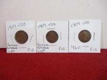 1909-VDB Wheat Pennies-Lot of 3