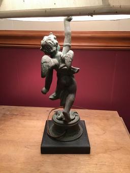 Cherub Lamp. Cast Metal. 24 Inches With Shade.