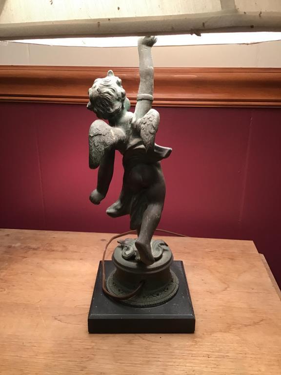 Cherub Lamp. Cast Metal. 24 Inches With Shade.