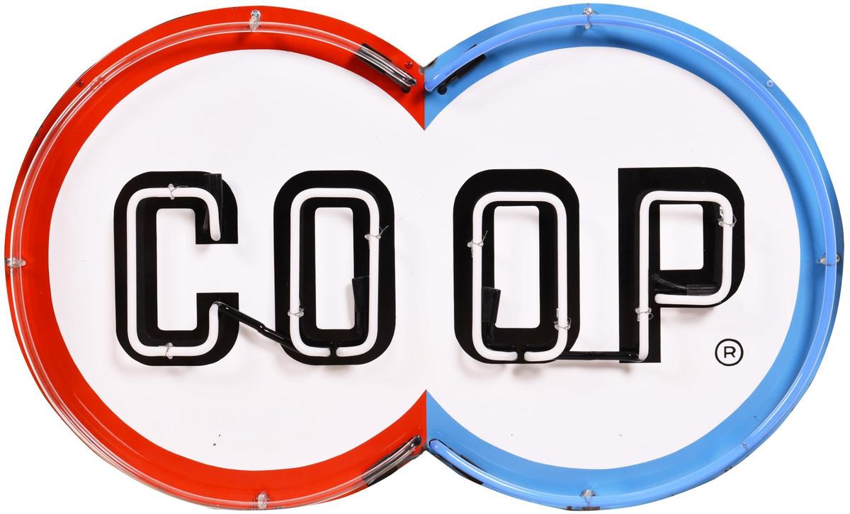 Coop Double Circle Porcelain Sign w/Neon Added