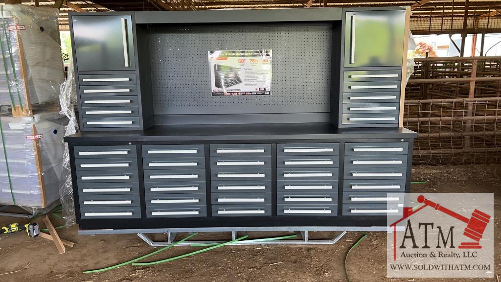 NEW 10' Work Bench, 30 Drawers, 68" Peg Board