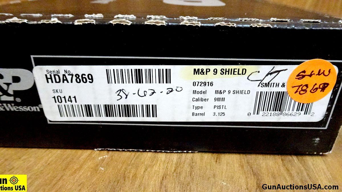 S&W M&P-9 SHIELD 9MM Pistol. NEW in Box. 3" Barrel. Fish scale Serrations at Rear of Slide, 3 Dot Wi