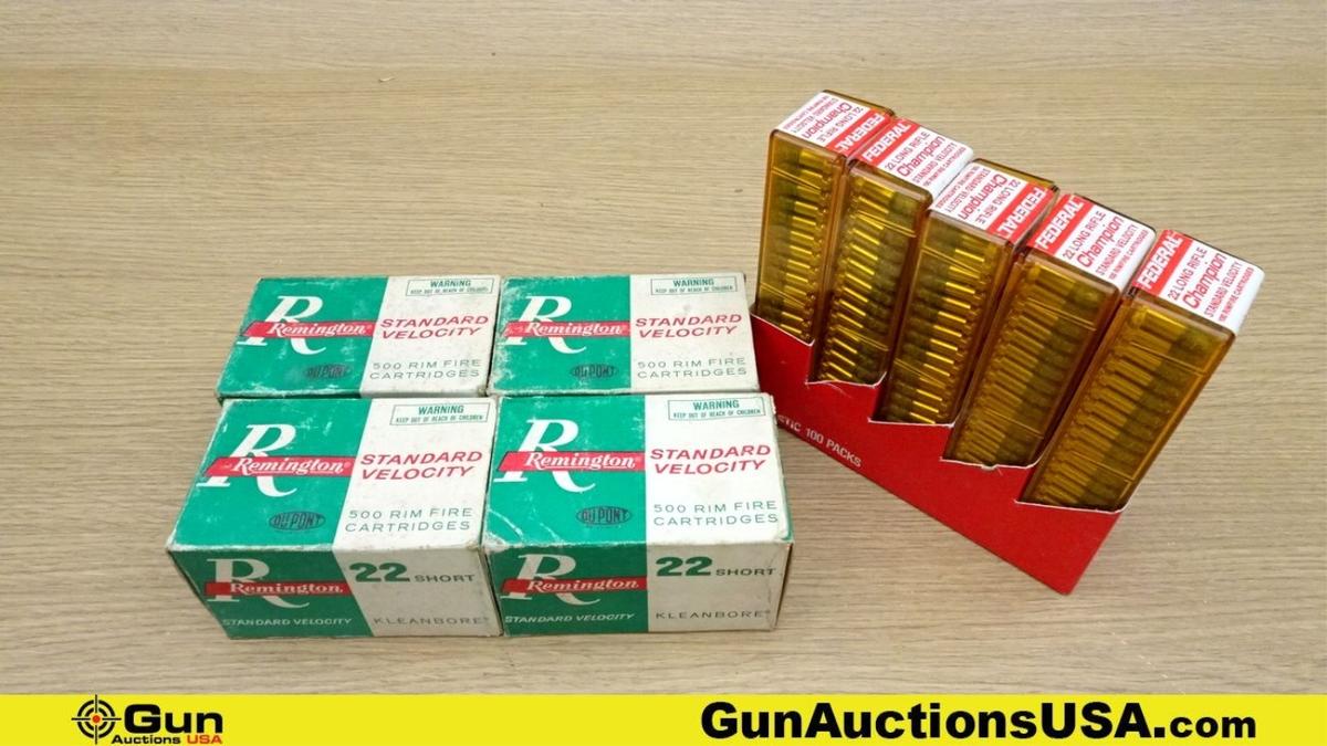 Remington & Federal .22 Short & .22 LR. Ammo. 1500 Total Rds; 1000 Rds- .22 Short, 500 Rds- 22 LR..