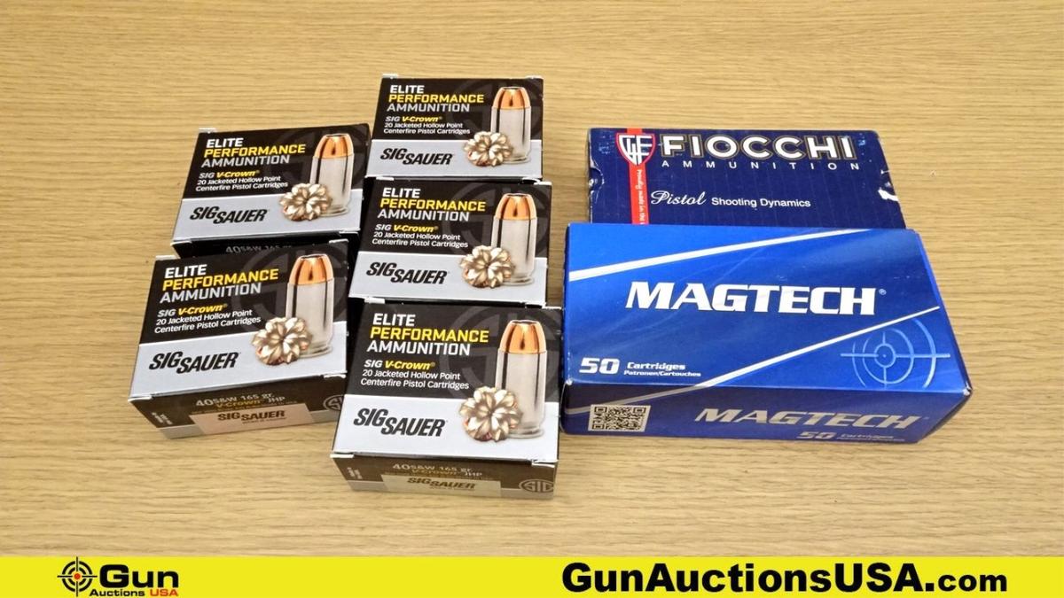 Sig Sauer, Fiocchi, Magtech .40 S&W Ammo. 200 Rds. in total- 100 Rds. 165 Gr V CROWN JHP, Sig Sauer.