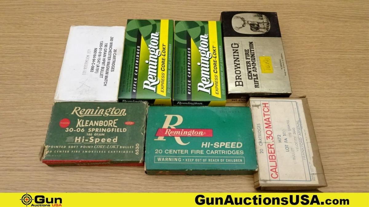 Remington, Frankford Arsenal, & Browning. 30-06, 308 WIN, & 300 WIN MAG. Ammo. 136 Total Rds; 76 Rds