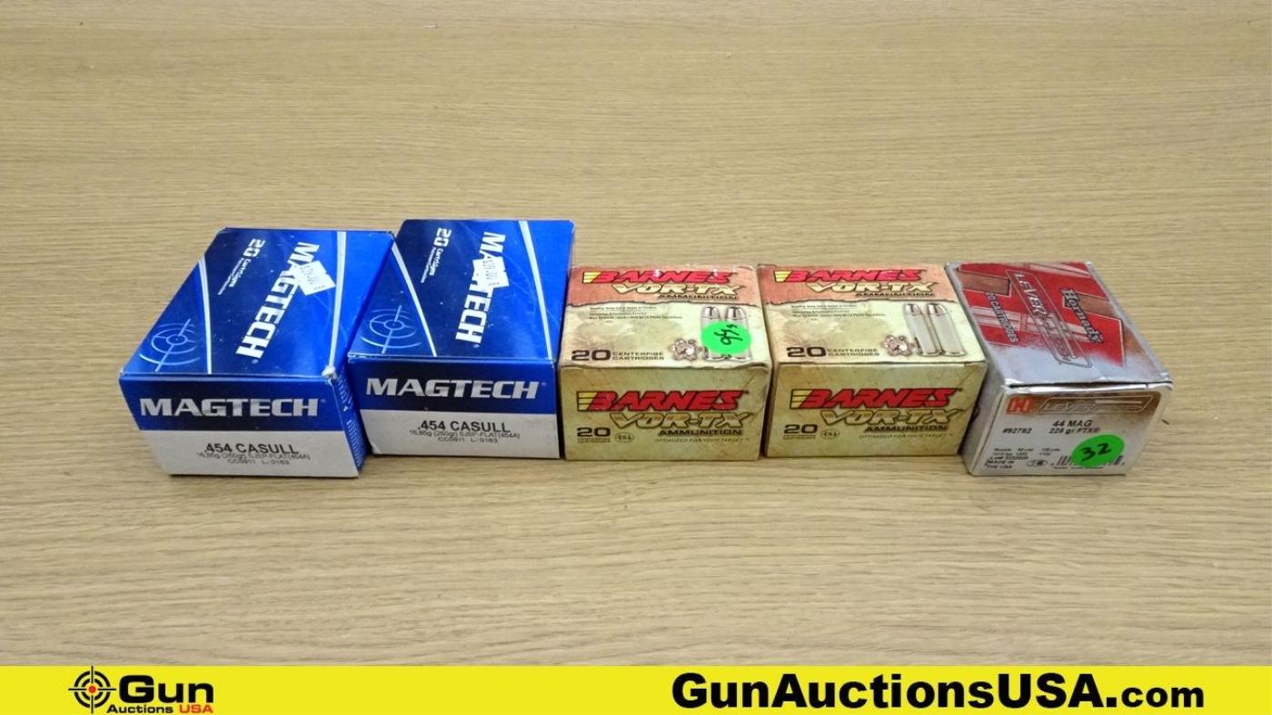 MAGTECH, Barnes, & Hornady. 454 Casull, 41 REM MAG, & 44 MAG. Ammo. Total Rds.- 100; 40 Rds.- 454 Ca