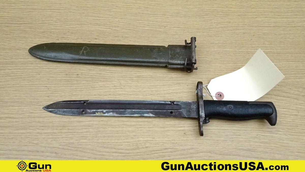 U.S. BOMB STAMPED Bayonet. Fair Condition. 9.5" Blade, 14" Overall Bayonet with Scabbard. OL, and BO