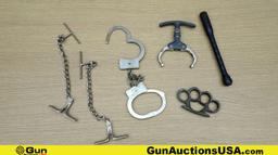 Argus, Etc. ANTIQUE Handcuffs, Etc. . Good Condition. Lot of 6; 1-Black Jack Leather SAP Stick. 2- C