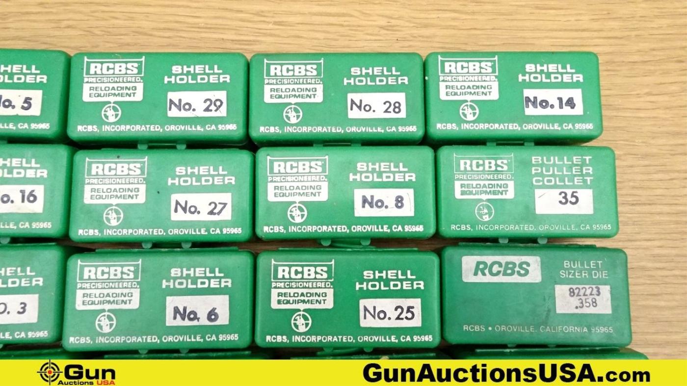 RCBS RELOADING. Very Good. Lot of 13; 1- Bullet Mold Handles, 12- Assorted Caliber Shell Holder Sets