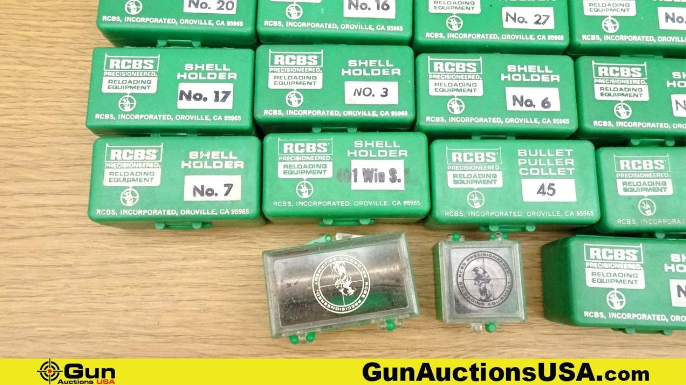 RCBS RELOADING. Very Good. Lot of 13; 1- Bullet Mold Handles, 12- Assorted Caliber Shell Holder Sets