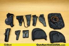 BOLEN, SIGG, S&W, Etc. Holsters, Sling, Pouches. Good Condition. Six Leather Pistol Holsters, One Ri