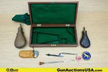 Powder Flask, Case, Etc. . Good Condition. 1970's-80's Reproduction 1851 NAVY Revolver Case with Acc