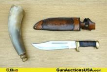 KA-BAR, Etc. Lumberjack, Etc. Knife, Black Powder Horn. Good Condition. One Natural Carved Powder Ho