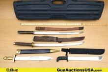 Plano, Etc. Swords, Machete, Bun Case. Good Condition. One Katana Style Sword Features Blade Length