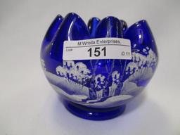 Fenton cobalt decorated snow scene- rosebowl