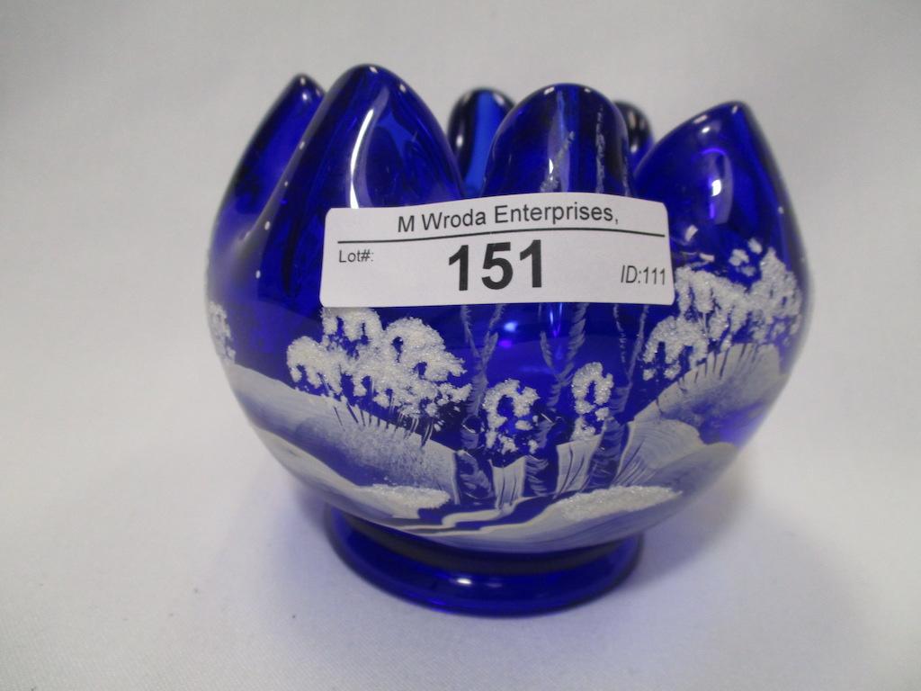 Fenton cobalt decorated snow scene- rosebowl