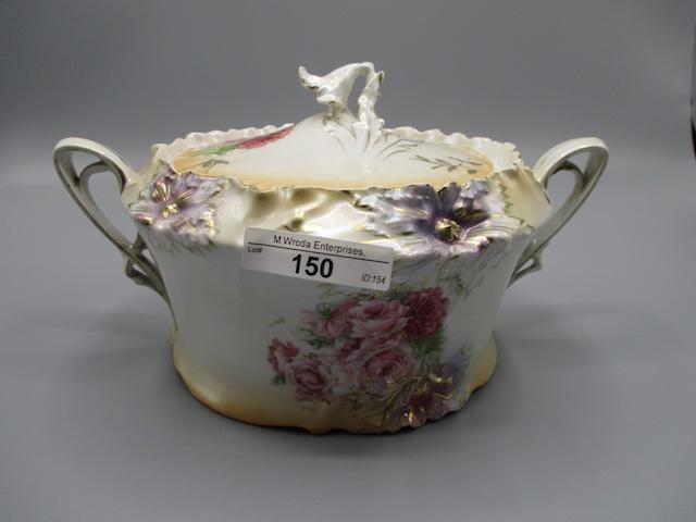 RS Prussia Carnation Mold Satin Finish Cracker Jar with Roses Decor. RM