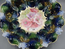 RS Prussia 11" Iris mold bowl in bowl w/ cobalt and green domes and Poppy d