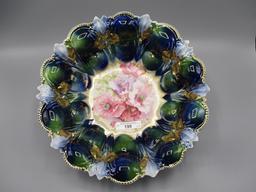RS Prussia 11" Iris mold bowl in bowl w/ cobalt and green domes and Poppy d