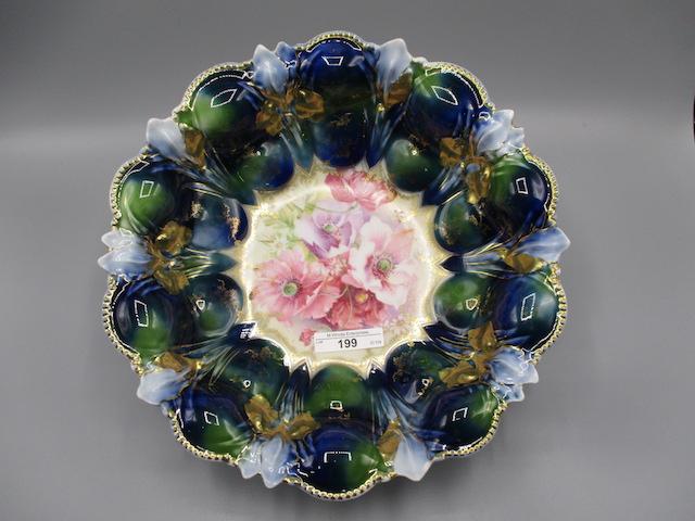 RS Prussia 11" Iris mold bowl in bowl w/ cobalt and green domes and Poppy d