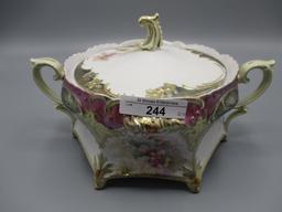 RS Prussia footed cracker jar, satin tiffany trim w. red jewels and poppy d