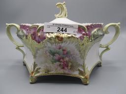 RS Prussia footed cracker jar, satin tiffany trim w. red jewels and poppy d