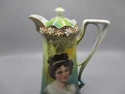 RS Prussia Stippled Floral Mold Chocolate Pot with Heavy Gold and Lebrun wi