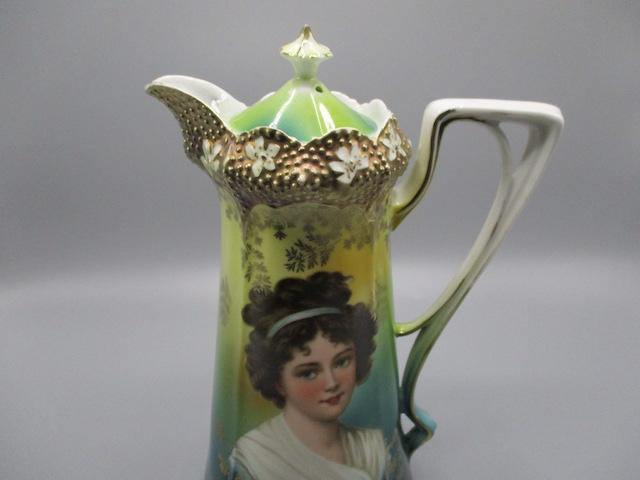 RS Prussia Stippled Floral Mold Chocolate Pot with Heavy Gold and Lebrun wi