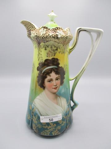 RS Prussia Stippled Floral Mold Chocolate Pot with Heavy Gold and Lebrun wi