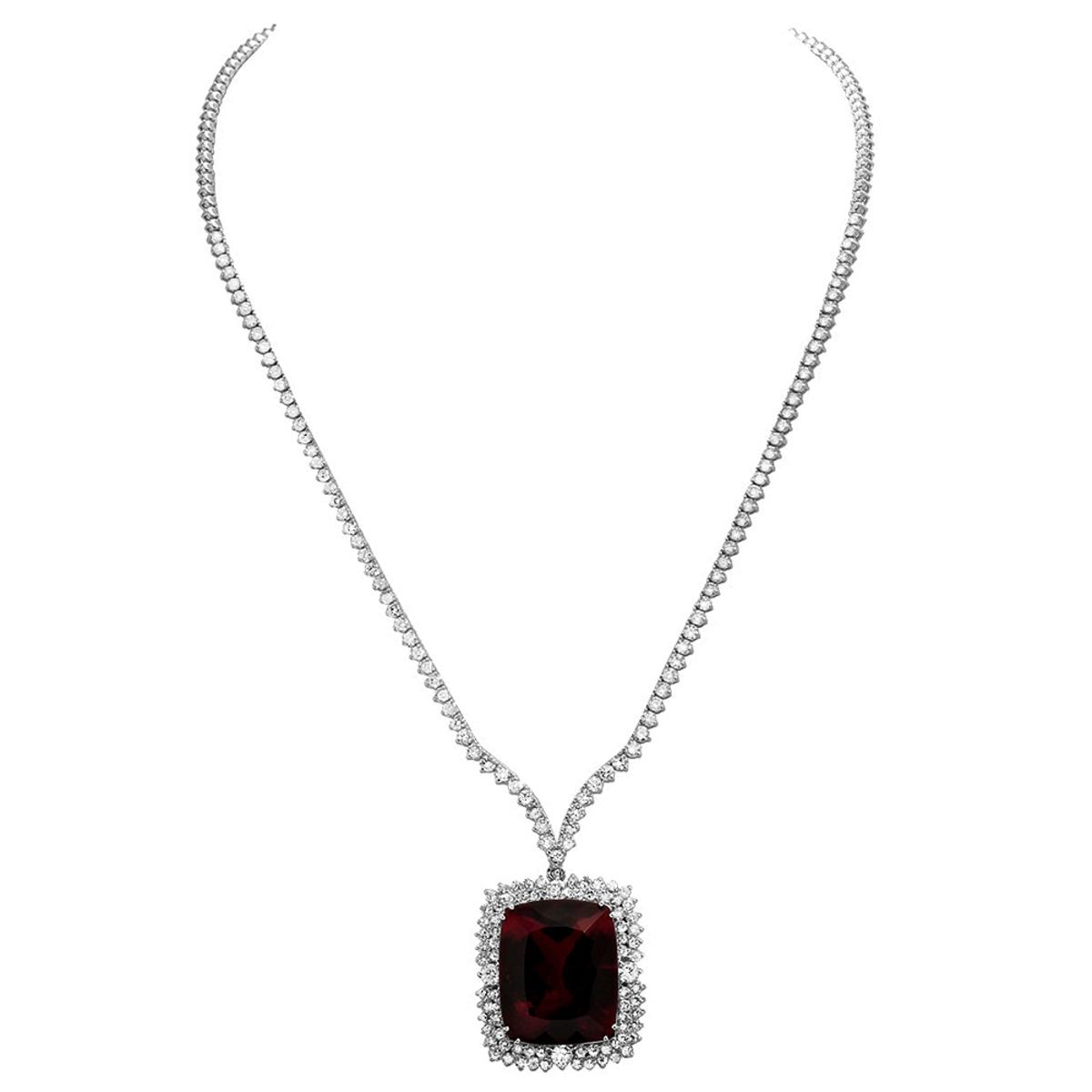 14k White Gold 33.36ct Purple Tourmaline 7.35ct Diamond Necklace