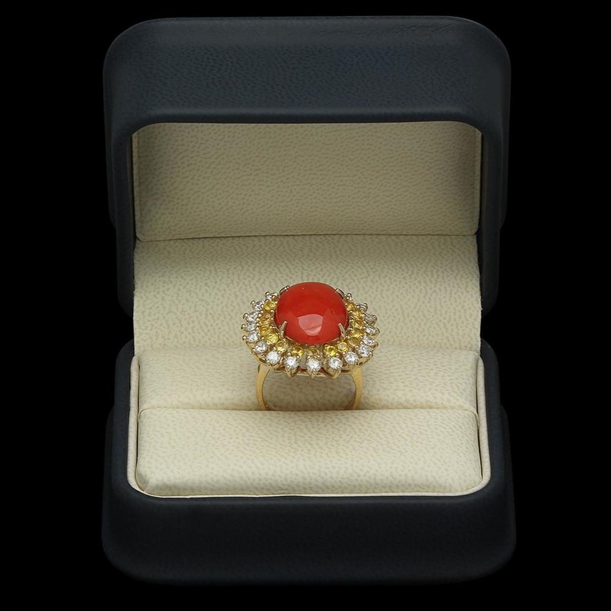 14K Yellow Gold 8.0ct Coral 1.79ct Sapphire and 1.47ct Diamond Ring