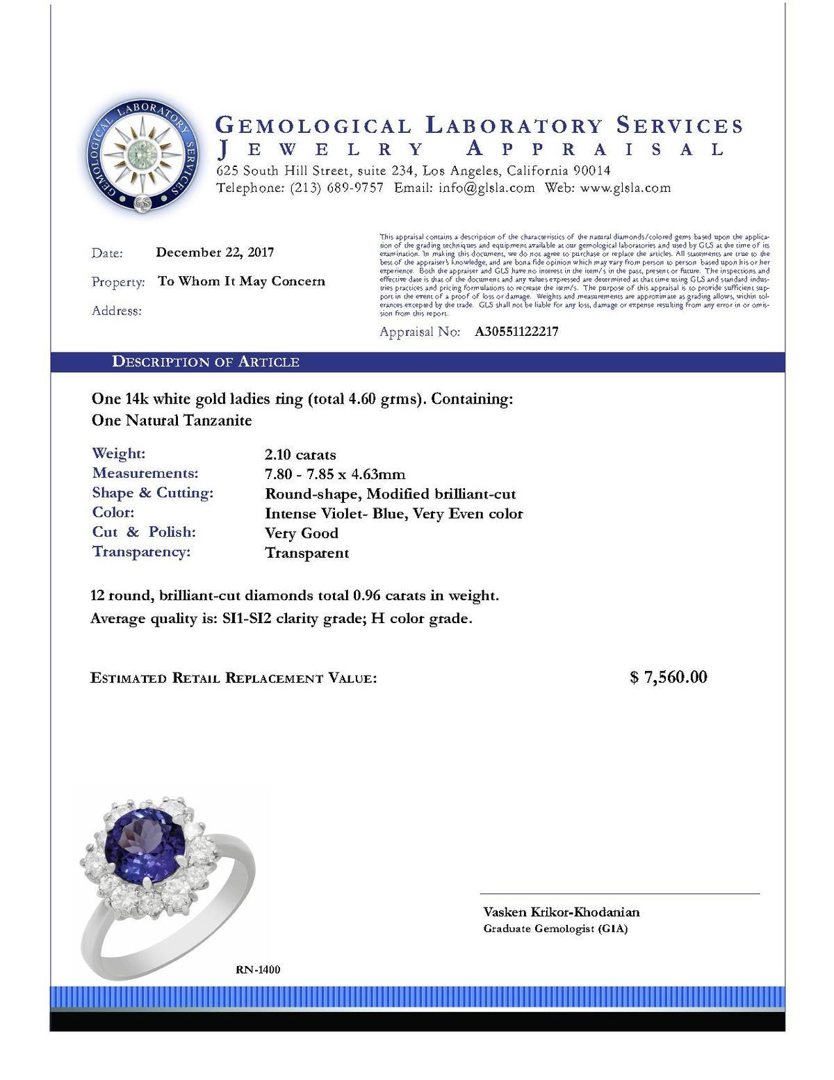 14k White Gold 2.10ct Tanzanite 0.96ct Diamond Ring