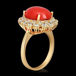 14k Yellow Gold 4.65ct Coral 1.50ct Diamond Ring