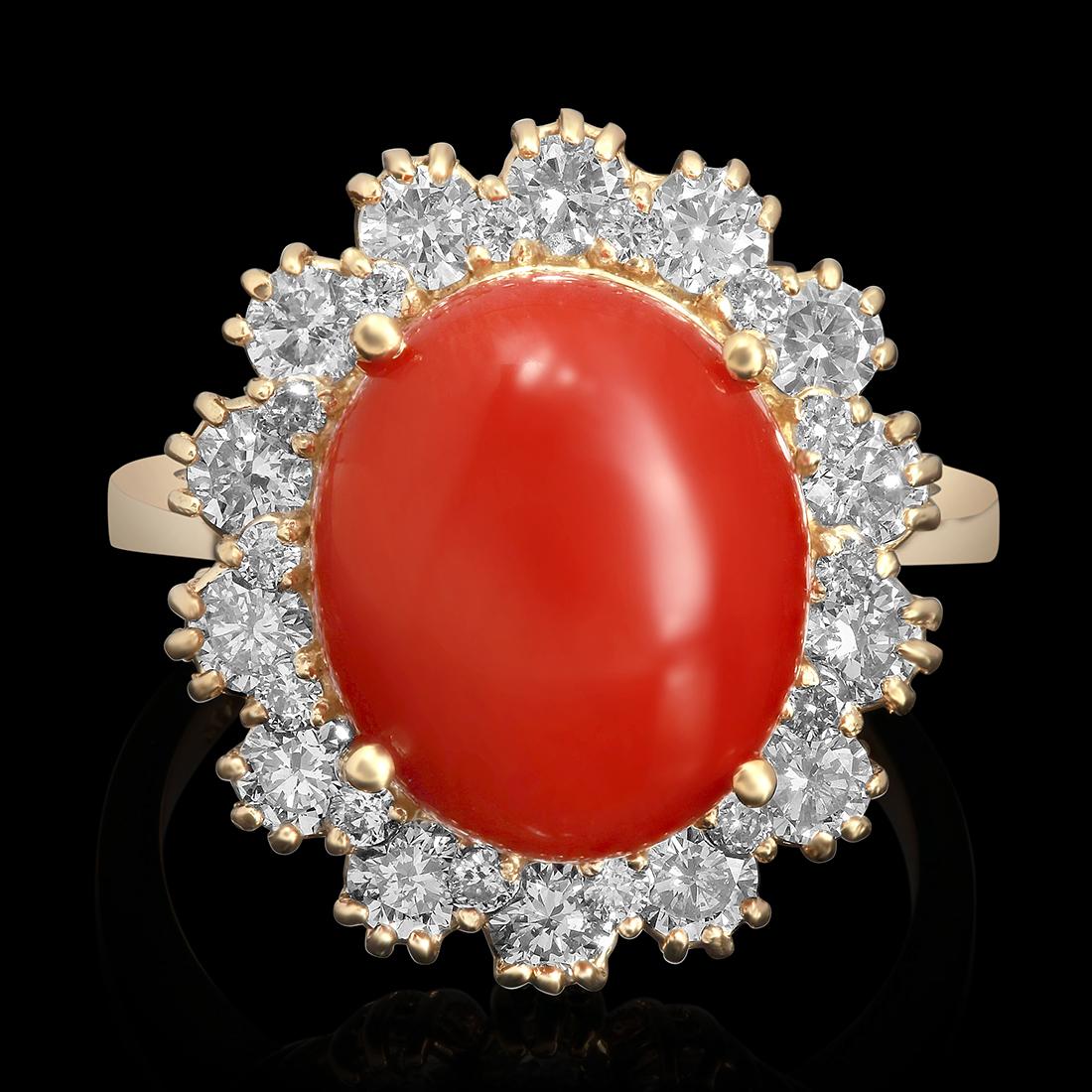 14k Yellow Gold 4.65ct Coral 1.50ct Diamond Ring