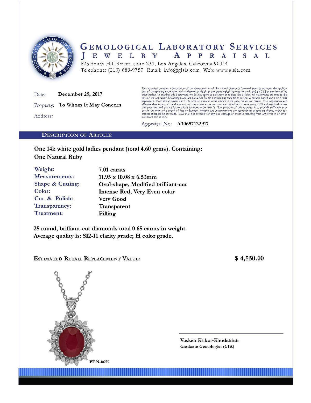 14k White Gold 7.01ct Ruby 0.65ct Diamond Pendant