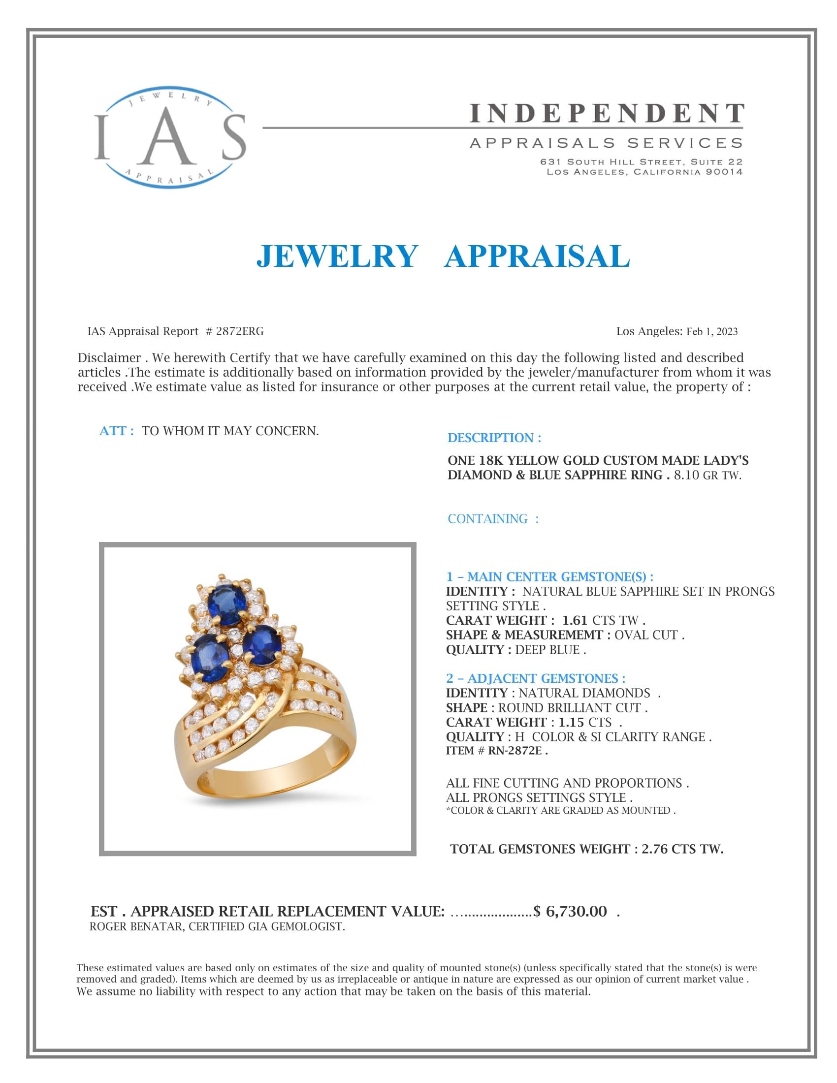 18K Yellow Gold Setting with 1.61ct Sapphire and 1.15ct Diamond Ladies Ring