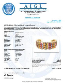 14K Yellow Gold 67.35ct Multi-Colored Sapphire and 4.89ct Diamond Bracelet