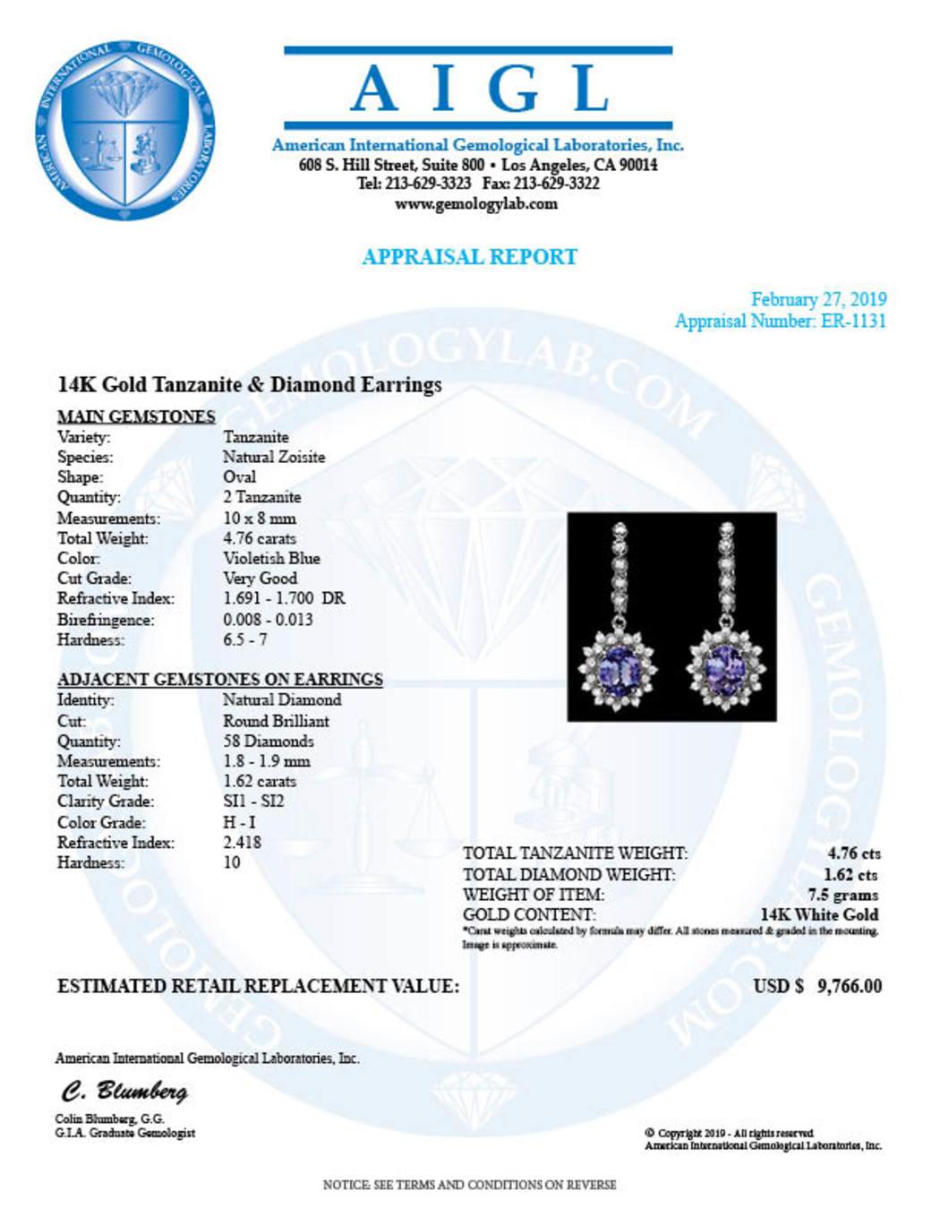 14K White Gold 4.76ct Tanzanite and 1.62ct Diamond Earrings